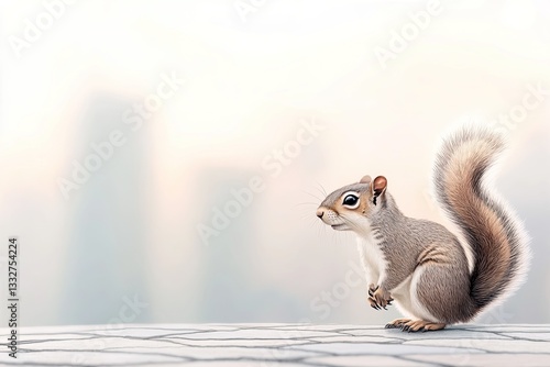 watercolor illustration of urban squirrel perched on city rooftop with soft pastel hues blending in skyline