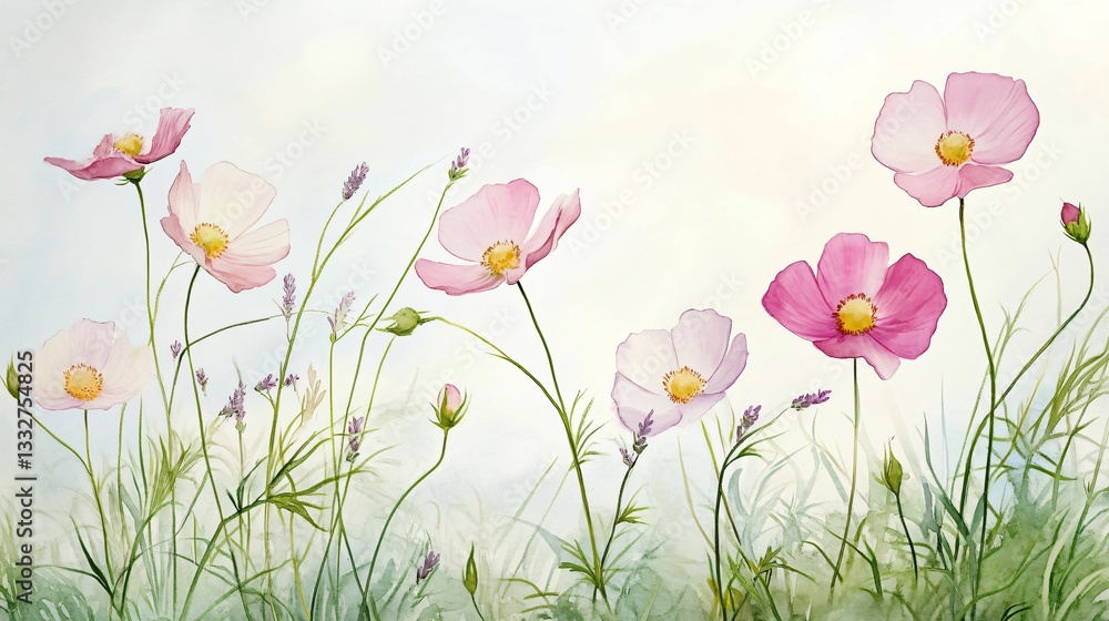 Delicate Pink Flowers in Field of Green with Soft Background Delicate Pink Flowers in Field of Green with Soft Background
