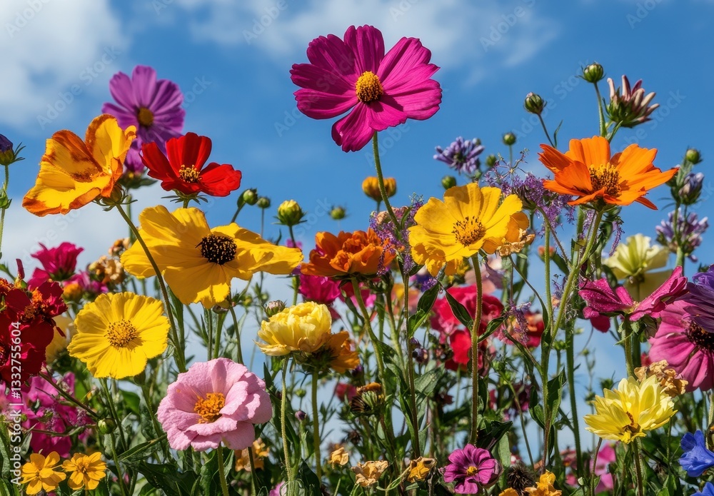 Vibrant Blooming Wildflowers in a Sunny Field Under a Bright Blue Sky with Fluffy White Clouds Enhancing the Natural Beauty of a Summer Day Vibrant Blooming Wildflowers in a Sunny Field Under a Bright Blue Sky with Fluffy White Clouds Enhancing the Natural Beauty of a Summer Day