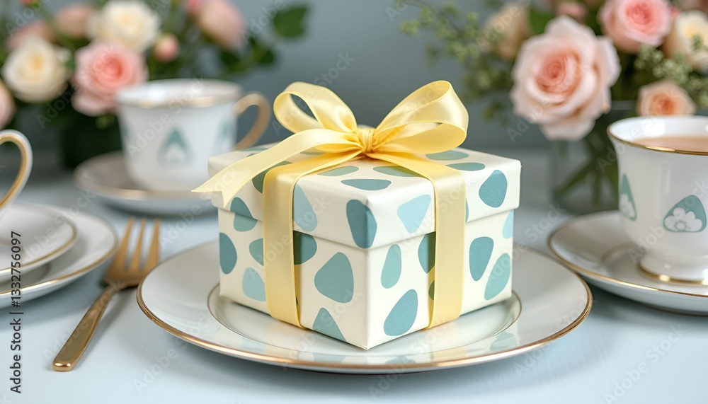 Elegant Gift Box with Yellow Satin Ribbon on Gold-Rimmed Plate – Luxury Tea Party Setting with White and Green Teacups, Romantic Pink Roses, and Delicate Floral Ambiance Elegant Gift Box with Yellow Satin Ribbon on Gold-Rimmed Plate – Luxury Tea Party Setting with White and Green Teacups, Romantic Pink Roses, and Delicate Floral Ambiance