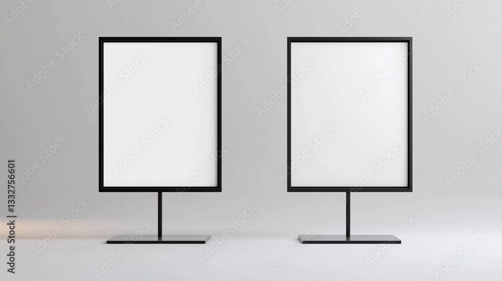 Two white signs are on a black stand Two white signs are on a black stand