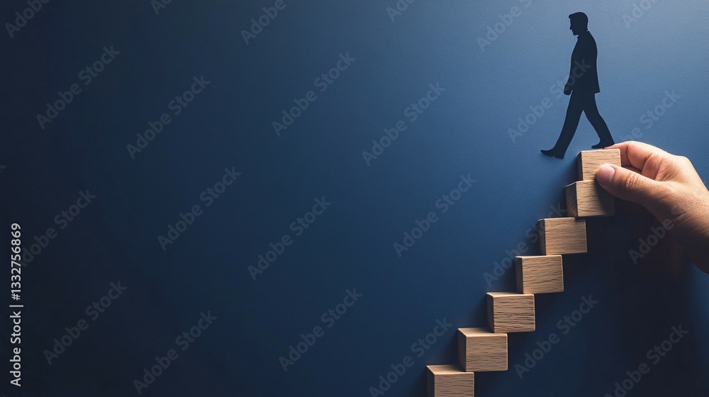 A person progressing upwards on stairs made of wooden blocks A person progressing upwards on stairs made of wooden blocks