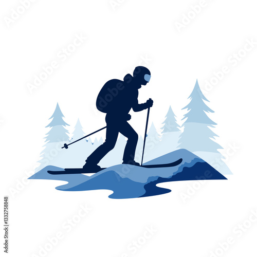 Backcountry skiing adventure. A skier navigating snowy terrain, nature exploration
