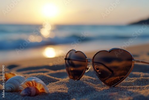 Wallpaper Mural Heart-shaped sunglasses on a sandy beach at sunset Torontodigital.ca