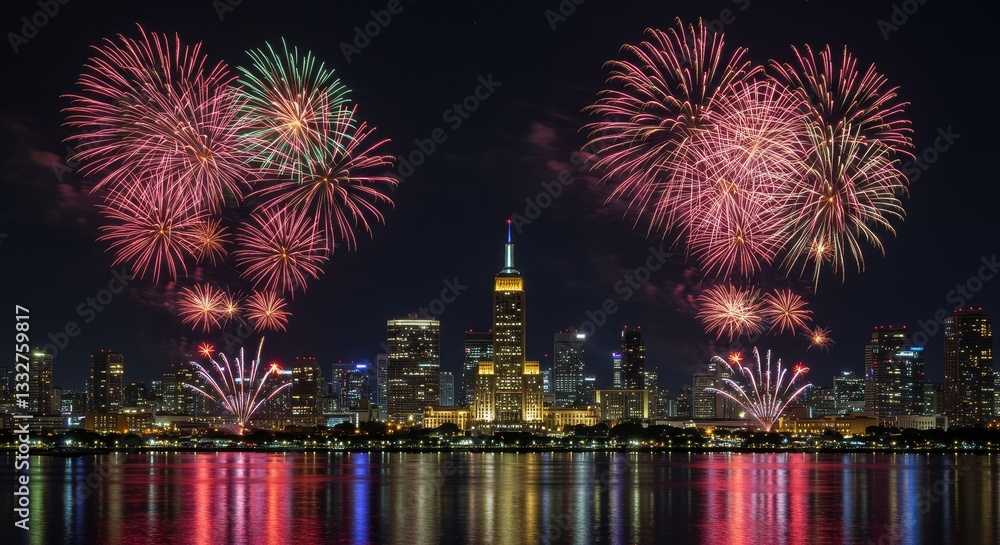 Fototapeta premium Cityscape Fireworks Celebration - Festive city skyline, vibrant fireworks display over water, reflecting lights, celebratory atmosphere, urban spectacle