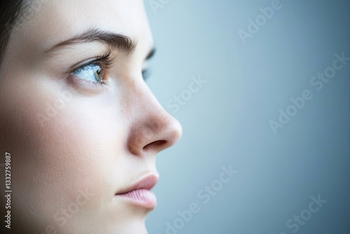 close-up of person thoughtful gaze reflecting on personal growth serene expression and calm background showcase journey