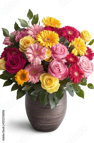 Wallpaper Mural Vibrant Bouquet of Mixed Flowers in a Decorative Vase Featuring Pink Roses, Yellow Gerberas, and Red Blooms on a White Background Torontodigital.ca