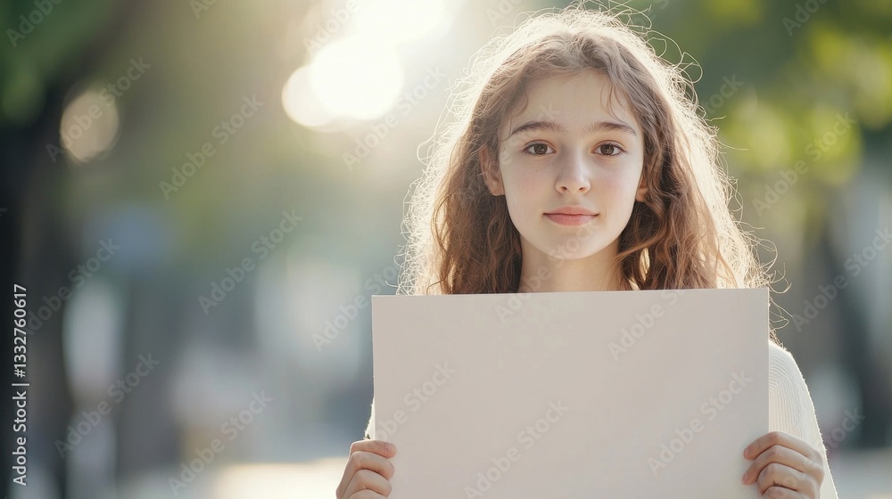 Girl with Long Hair Holding Blank Sign in Natural Outdoor Setting Girl with Long Hair Holding Blank Sign in Natural Outdoor Setting