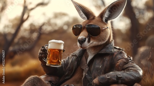 Tough biker kangaroo sporting shades, leather jacket, gripping beer mug while lounging outdoors with confident, laid back attitude