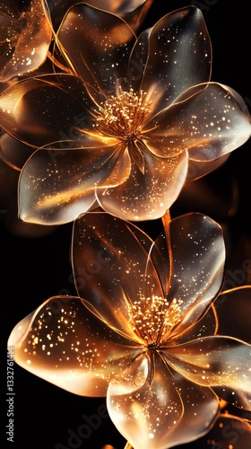 Delicate translucent golden blossoms glowing softly, highlighting intricate pistils against deep shadowy backdrop with ethereal luminescence