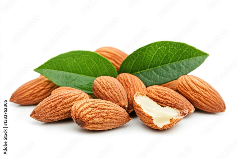 Almonds with leaves on white background Almonds with leaves on white background