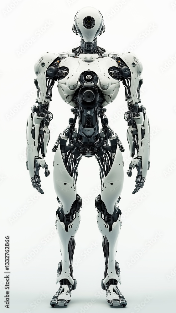 White colored humanoid robot standing isolated on white background. Illustration for AI, artificial intelligence, robots, automation, future technology White colored humanoid robot standing isolated on white background. Illustration for AI, artificial intelligence, robots, automation, future technology