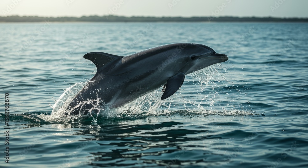 Fototapeta premium Dolphin Leaping in Ocean Water - A dolphin gracefully leaps out of the ocean water, creating a splash. The sunlit scene showcases the dolphin's sleek body and powerful movement