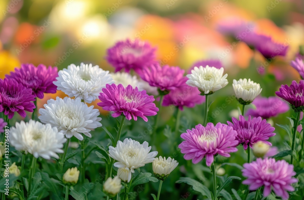 Obraz premium Vibrant Chrysanthemum Blooms in Vivid Colors Surrounded by Soft Green Foliage Displaying Nature's Beauty in a Serene Outdoor Setting