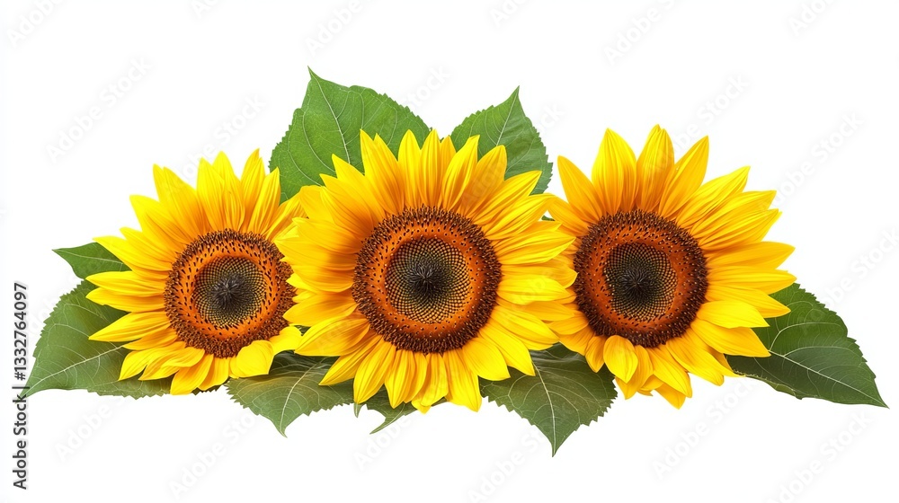 Obraz premium A bright and cheerful yellow sunflower collection, complete with lush green leaves, isolated against a white background--perfect as a summer floral design element.