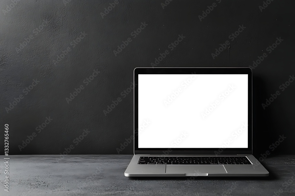 Fototapeta premium Laptop with blank screen on a dark gray desk