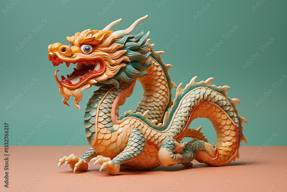 Fototapeta premium A beautifully crafted dragon sculpture featuring vibrant colors and intricate details. The dragon sits on a pink background, showcasing its majestic form.