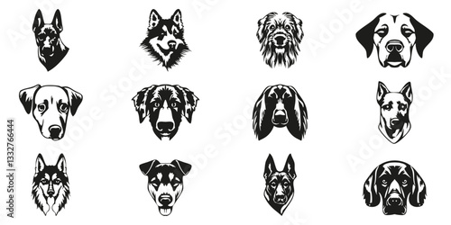 Dog Breed Head Silhouettes Solid Icon Set. Collection of Canine Portraits Featuring Various Purebred and Mixed Dog Breeds for Pet Identification, Training, and Animal Lovers. Silhouette Symbol Collect