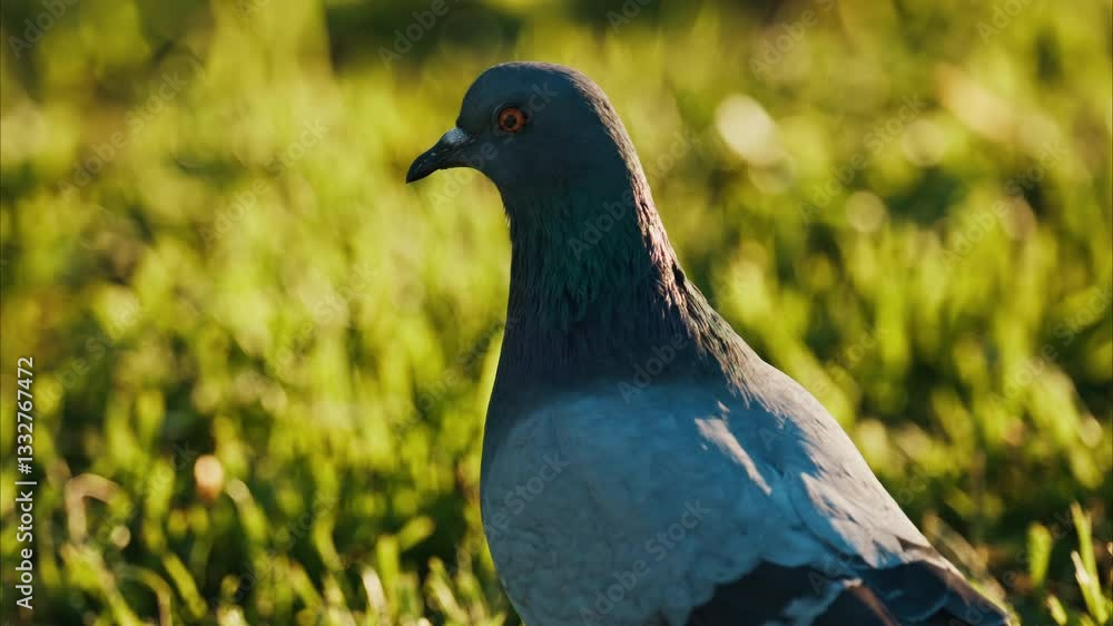 Close up of a pigeon walking outside on a green blurred background Close up of a pigeon walking outside on a green blurred background