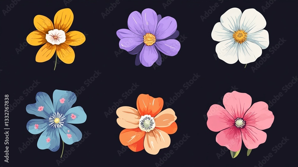 A top-view illustration of abstract flowers, capturing the essence of spring flora in a minimalistic flat vector design. A top-view illustration of abstract flowers, capturing the essence of spring flora in a minimalistic flat vector design.