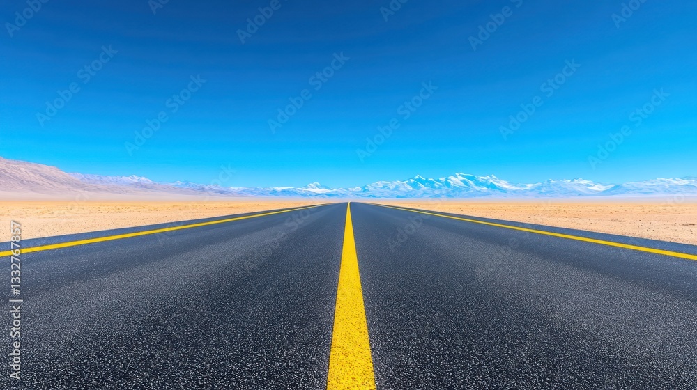 Naklejka premium Endless Asphalt Road Towards Majestic Snowy Mountains Under a Vibrant Blue Sky