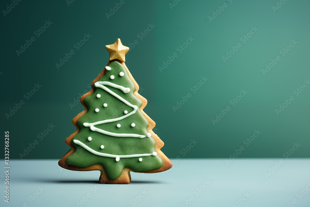 Decorative green Christmas tree cookie with white icing and a golden star, positioned against a soft green background, perfect for festive celebrations. Decorative green Christmas tree cookie with white icing and a golden star, positioned against a soft green background, perfect for festive celebrations.