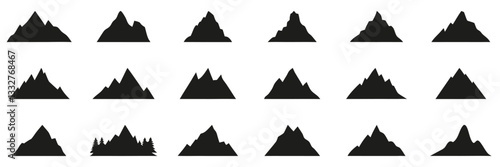 Mountain Peak and Rocky Landscape Solid Icon Set. Nature, Adventure, and Outdoor Exploration Symbols for Hiking, Climbing, and Travel Destinations. Silhouette Symbol Collection. Isolated Vector Illust