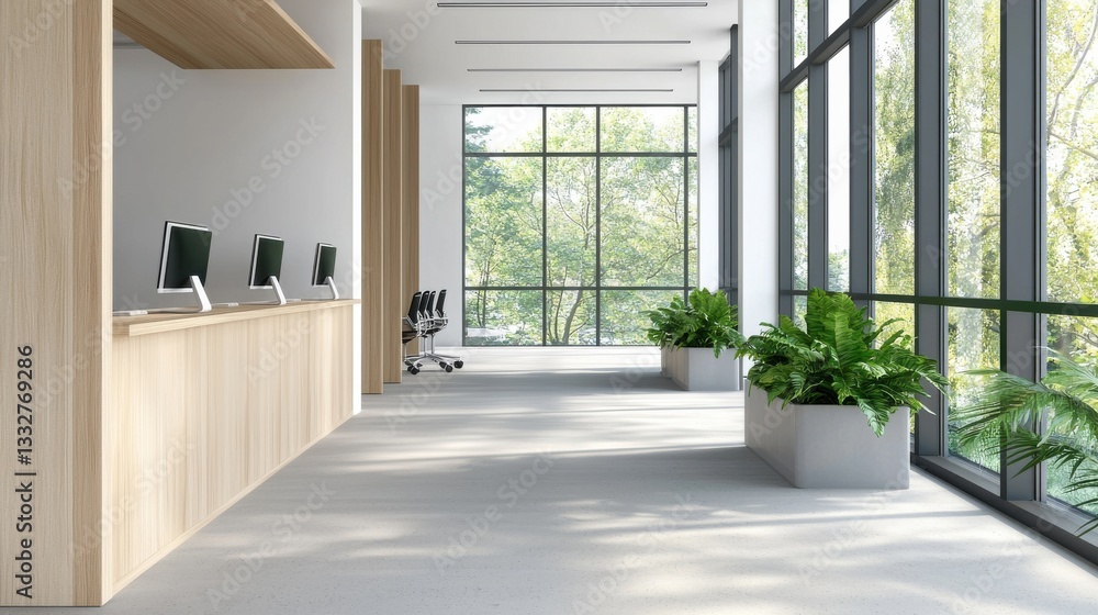 Obraz premium Modern Office Interior with Large Windows and Green Plants