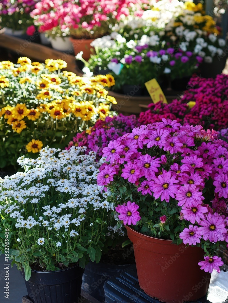 Vibrant Colorful Flower Display in Pots at a Garden Market Showcase of Spring Blooms and Fresh Blossoms with Floral Variety and an Abundance of Nature Vibrant Colorful Flower Display in Pots at a Garden Market Showcase of Spring Blooms and Fresh Blossoms with Floral Variety and an Abundance of Nature