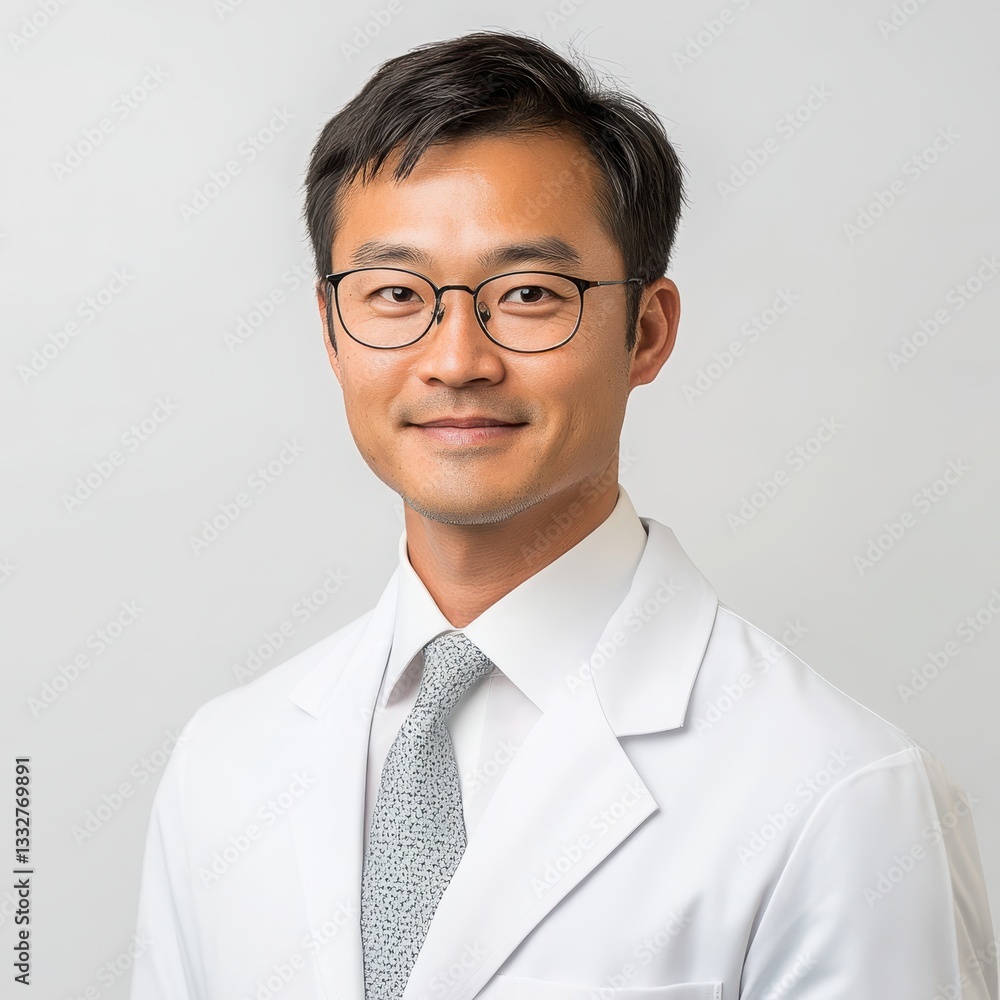 Portrait of a Man in a White Lab Coat Against a White Background