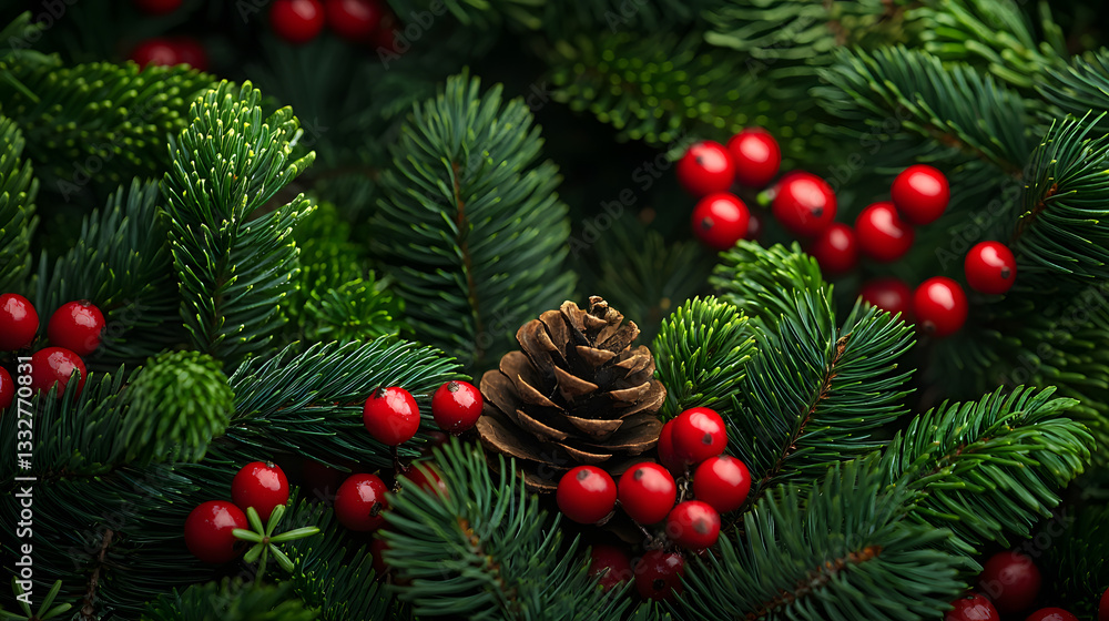 Fototapeta premium Close Up of Holly Berries, Pine Cones, and Green Foliage with Realistic Texture and Shading