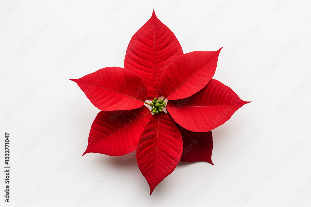 Obraz premium Close-up of vibrant red poinsettia flower with lush leaves, isolated on a white background, ideal for seasonal decor or holiday-themed designs.