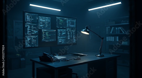 Monitoring Screens with Code on Desk with Lamp in Dark Room