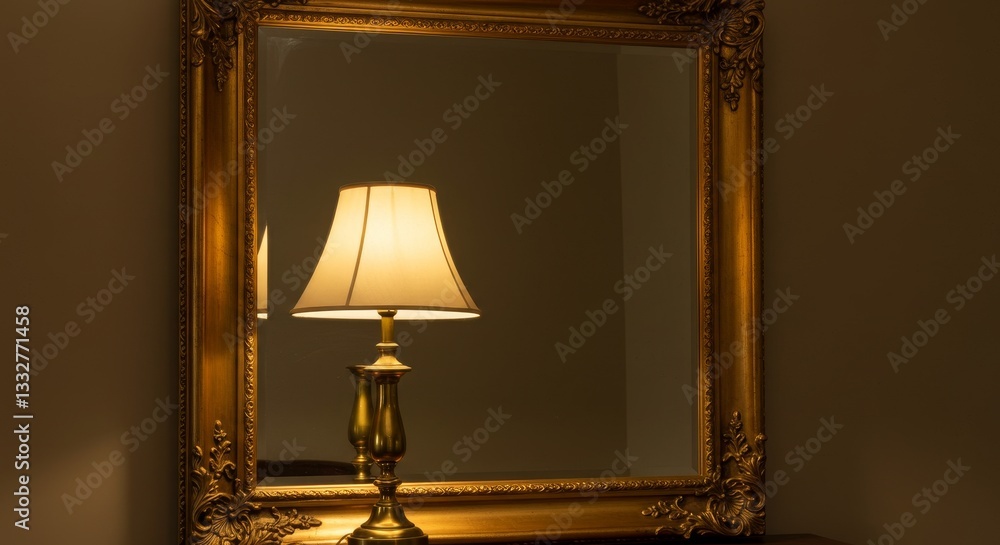 Gold Framed Mirror Reflection Lamp - Elegant gold framed mirror reflecting a warm lamp, symbolizing reflection, illumination, luxury, sophistication, and tranquility Gold Framed Mirror Reflection Lamp - Elegant gold framed mirror reflecting a warm lamp, symbolizing reflection, illumination, luxury, sophistication, and tranquility