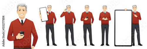 Set of mature business man standing in different poses, holding mobile phone, talking, texting and showing empty screen. Isolated vector illustration