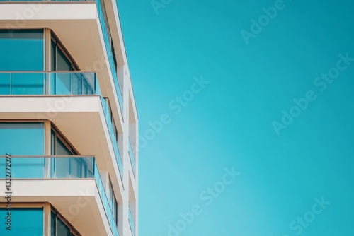 A high-rise apartment building with luxurious glass windows and urban landscape, modern property business, clean and professional composition, copy space, natural color, minimalism, stock photography 