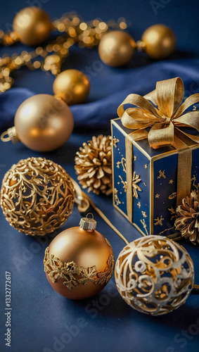 Christmas ornaments and gold gifts on a navy background for holiday designs.