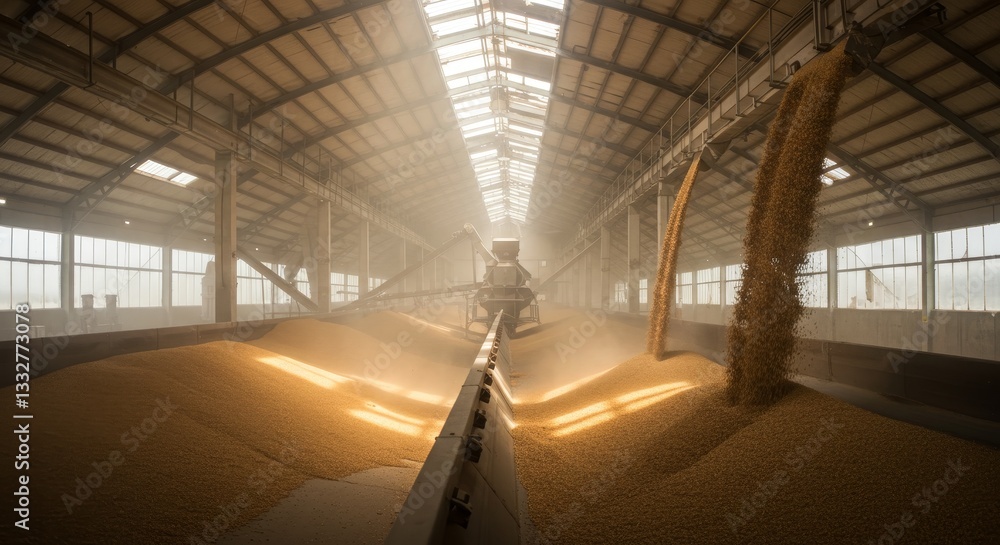 Fototapeta premium Grain Storage and Processing Facility - Vast industrial warehouse filled with grain, showcasing efficient agricultural processing and storage