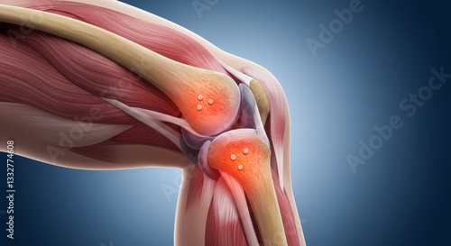 Human Knee Joint Anatomy with Pain Indication - Detailed anatomical illustration of a human knee joint highlighting areas of pain or inflammation. Ideal for medical websites, educational resources photo