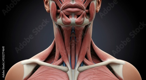 Fototapeta Naklejka Na Ścianę i Meble -  Human Neck and Shoulder Muscles Anatomy - Detailed anatomical illustration of the human neck and shoulder muscles, showcasing intricate muscle structures and vascular details