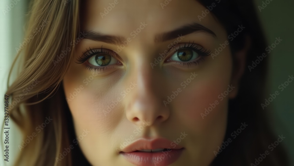 Captivating close-up portrait of a young woman with striking green eyes and subtle makeup Captivating close-up portrait of a young woman with striking green eyes and subtle makeup