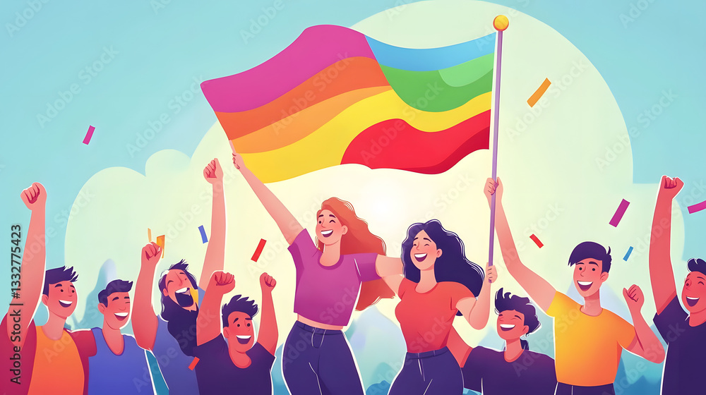 Fototapeta premium Diverse Crowd Celebrating and Supporting Lesbian Couple Under Rainbow Flag