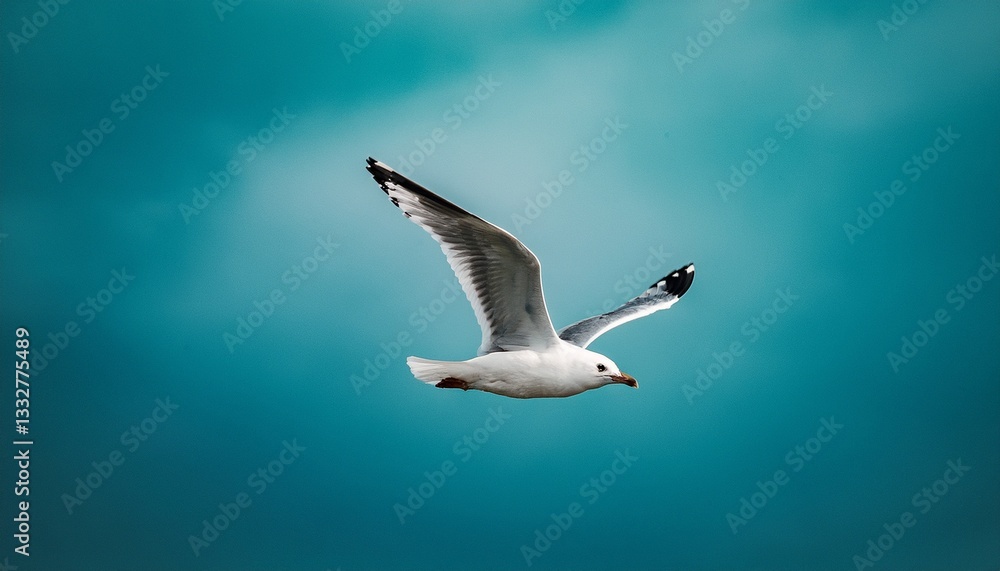 Obraz premium Bird in flight, seagull flying in the sky, moody, film grain added, teal tinted, copy space