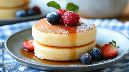 Fluffy Souffle Pancakes with Berries and Syrup