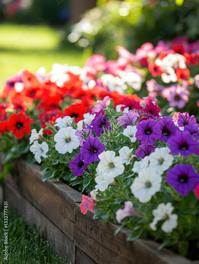 Fototapeta premium Vibrant Display of Petunias in Various Colors Blooming in a Wooden Planter Under Bright Sunlight in a Garden Setting