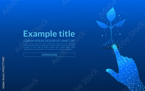 Digital germinating plant on electric blue background. Agricultural technology concept. Growing seeds with low poly wireframe. Organic symbol of growth