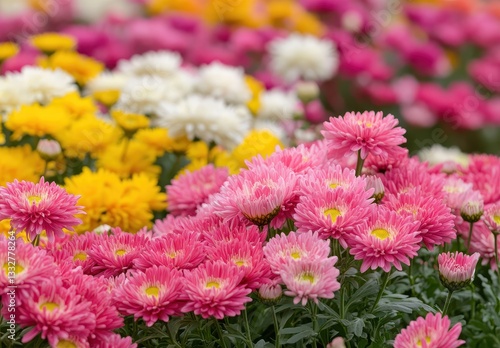 Vibrant Display of Pink, Yellow, and White Chrysanthemum Flowers in a Lush Garden Setting During the Spring Season