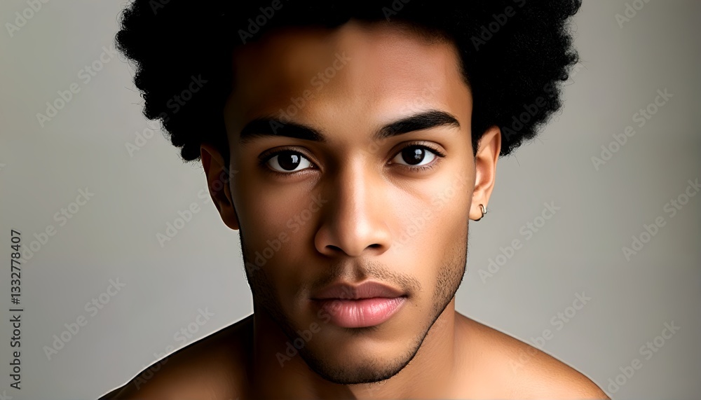 A portrait of a shirtless black man with an afro and facial hair. A portrait of a shirtless black man with an afro and facial hair.
