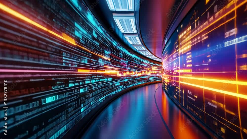 Data Highway: Capturing the essence of the digital world, an illuminated tunnel pulses with vibrant data streams, illustrating technological advancement.