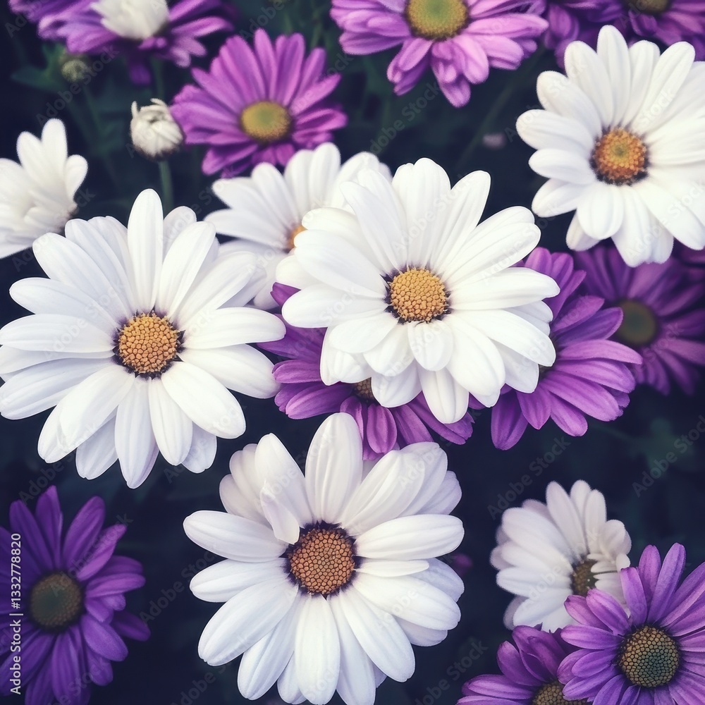 Fototapeta premium Vibrant Display of White and Purple Flowers in Full Bloom Surrounded by Lush Green Leaves in a Natural Garden Setting